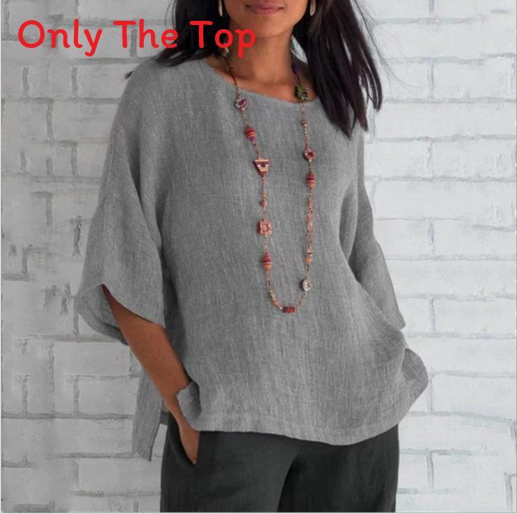 Cotton Linen Blouse For Women With Round Neck And Seven Quarter Sleeves For Casual Office Wear