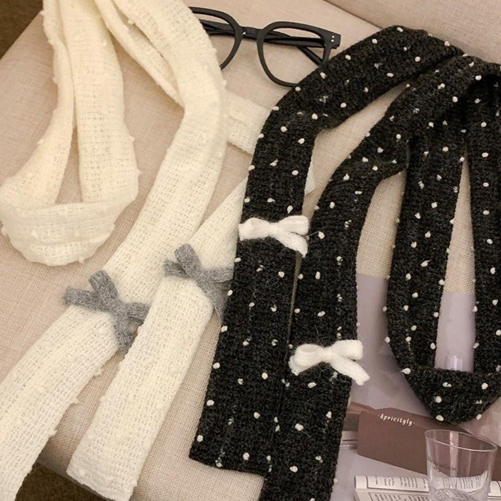 Harajuku Knitted Scarf Polka Dot Long Narrow Scarves Casual Bow Wool Shawl  Outdoor