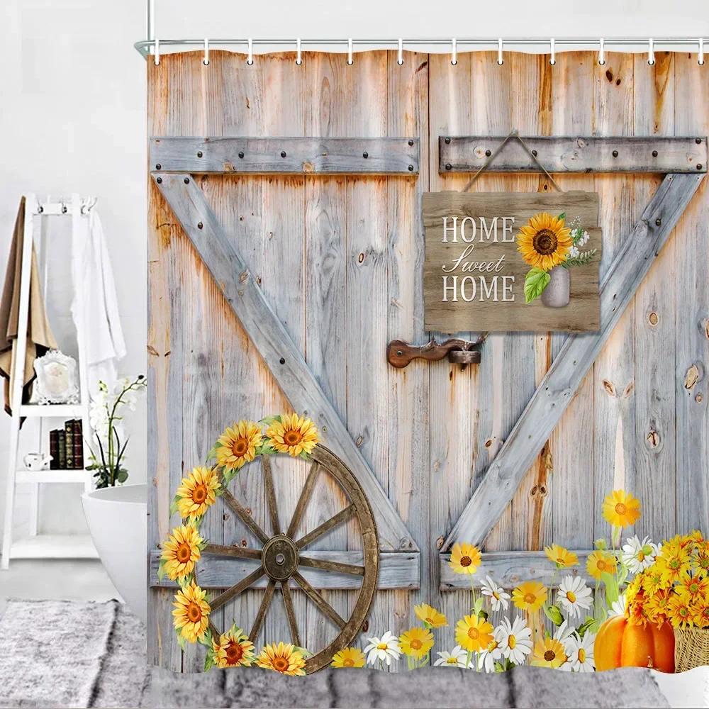 Selský sprchový závěs Set Rustikální sprchový závěs do koupelny Dřevěná stodolová vrata Farma Koupelnové závěsy Venkovská dřevěná koupelnová dekorace