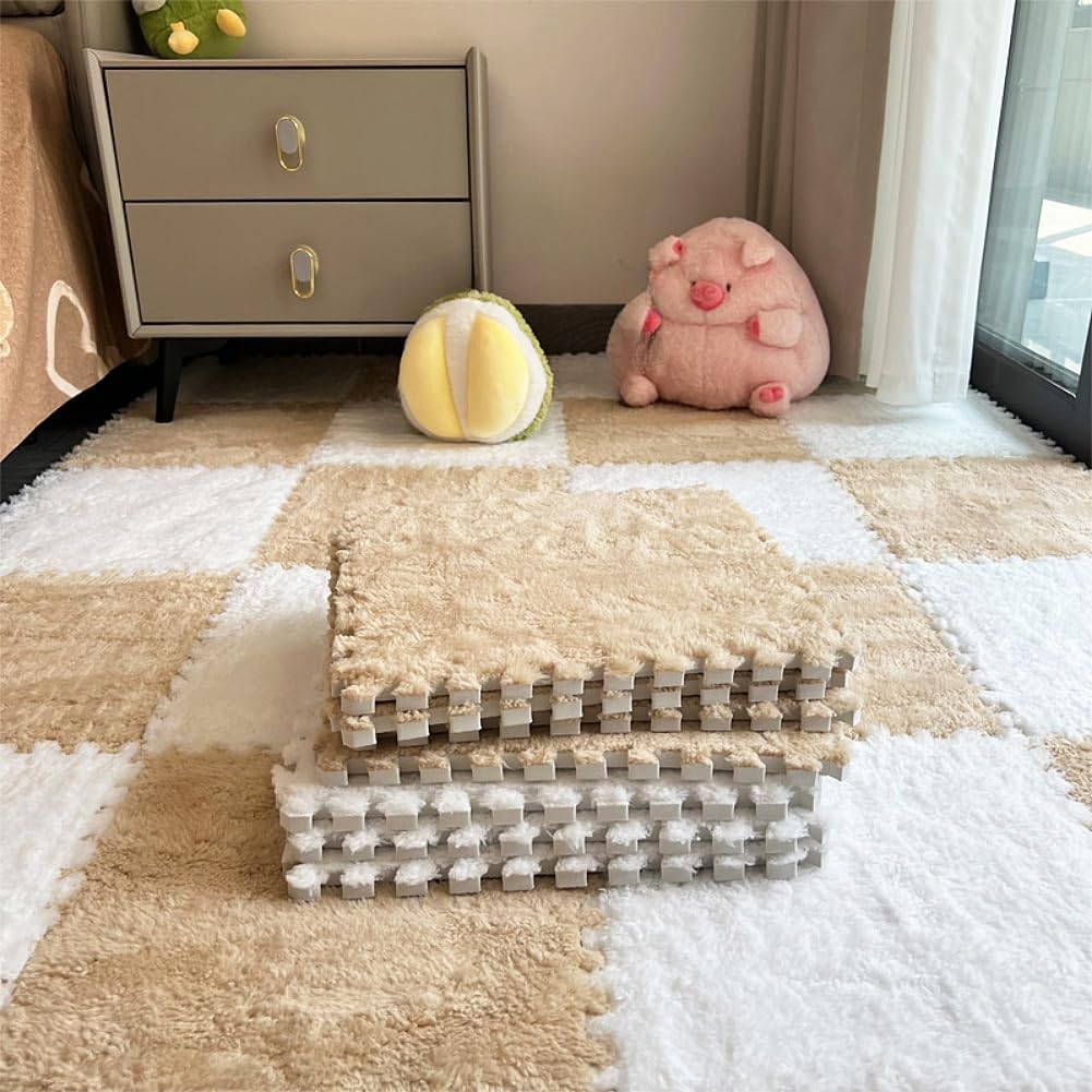 10Pcs Carpet Squares Puzzle Floor Mat Plush Interlocking Carpet Tiles Fluffy Area Rugs Protective Floor Tiles Exercise Play Mat