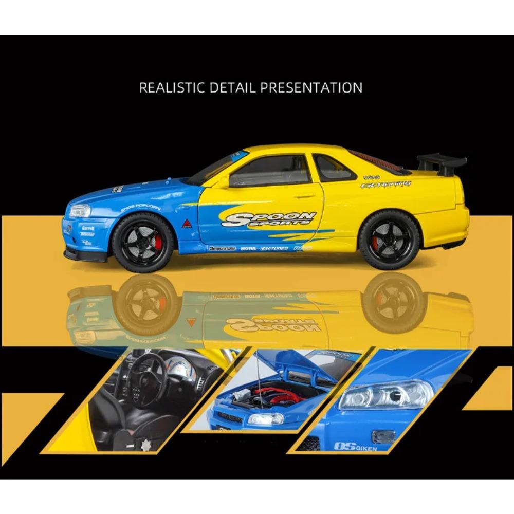 1/18 Nissan Skyline Ares GTR GT-R R34 Alloy Track Sports Car Model Diecast Metal Racing Car Vehicle Model Sound and Light Kids Toy Gift