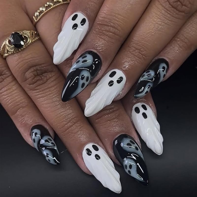 Short Almond Press on Nails Halloween Fake Nails Gothic Bat Acrylic Nail Cute Ghost False Nail with Purple Glitter Design Goth Halloween Nails Press