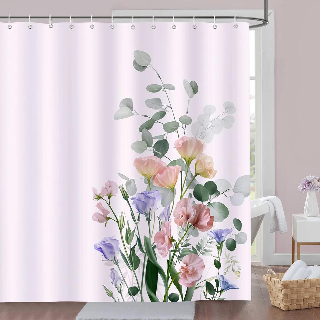 Purple Floral Shower Curtain Watercolor Flower Leaves Wildflower Polyester Fabric Washable Shower Curtains Bathroom Decoration