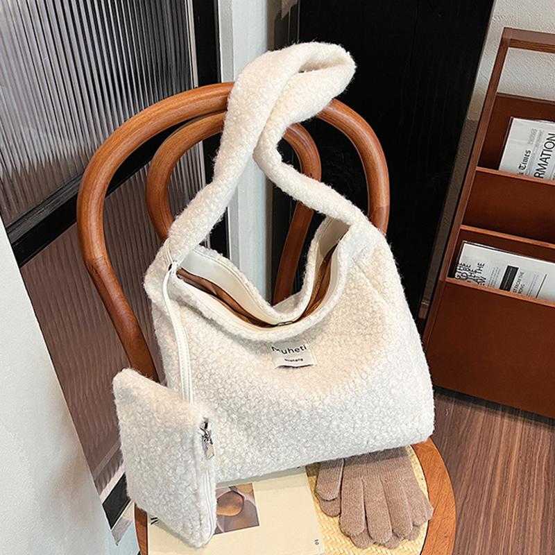 Retro Damen Lammwolle Handtasche Herbst Winter Neu Große Kapazität Plüsch Eine Schultertaschen Lässig Vielseitige Tragetasche Kleine Geldbörse