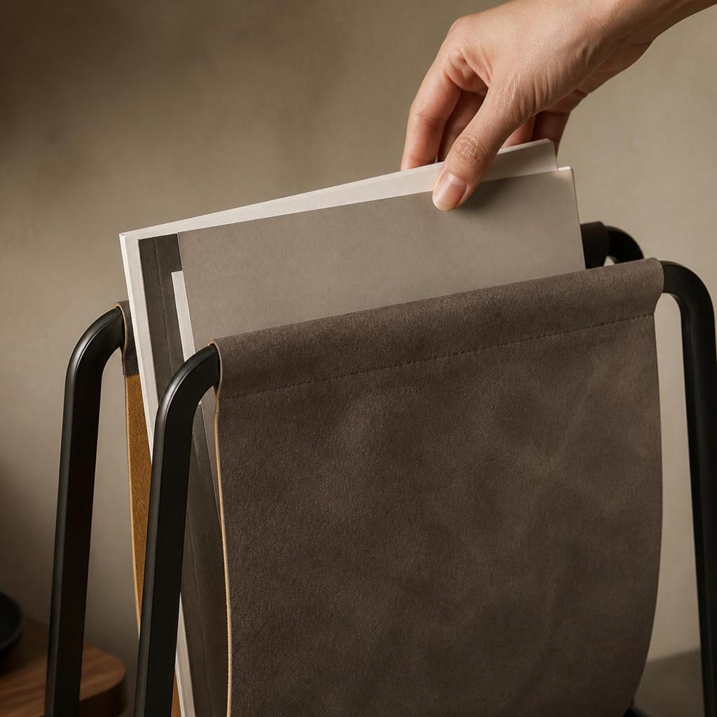 A-Shape Magazine Rack with Leather Sling Modern for Office, Entryway