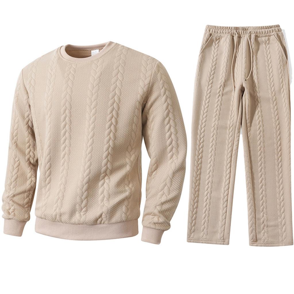 2025 Solid Color Sports Casual Jacquard Men's Warm Bottoming Shirt Sweater Pants Suit