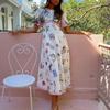 Summer Casual Puff Short Sleeves Dresses for Female Plant And Flower Prints Dress Round Necked Dress Women's Fashion High Waist Dress Beach Dress