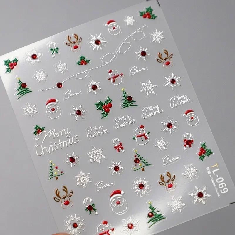 Gold Stamped White Christmas Tree Snowflake 3D Self Adhesive Nail Art Stickers Santa Claus Elk Xmas Cartoon Cute Manicure Decals