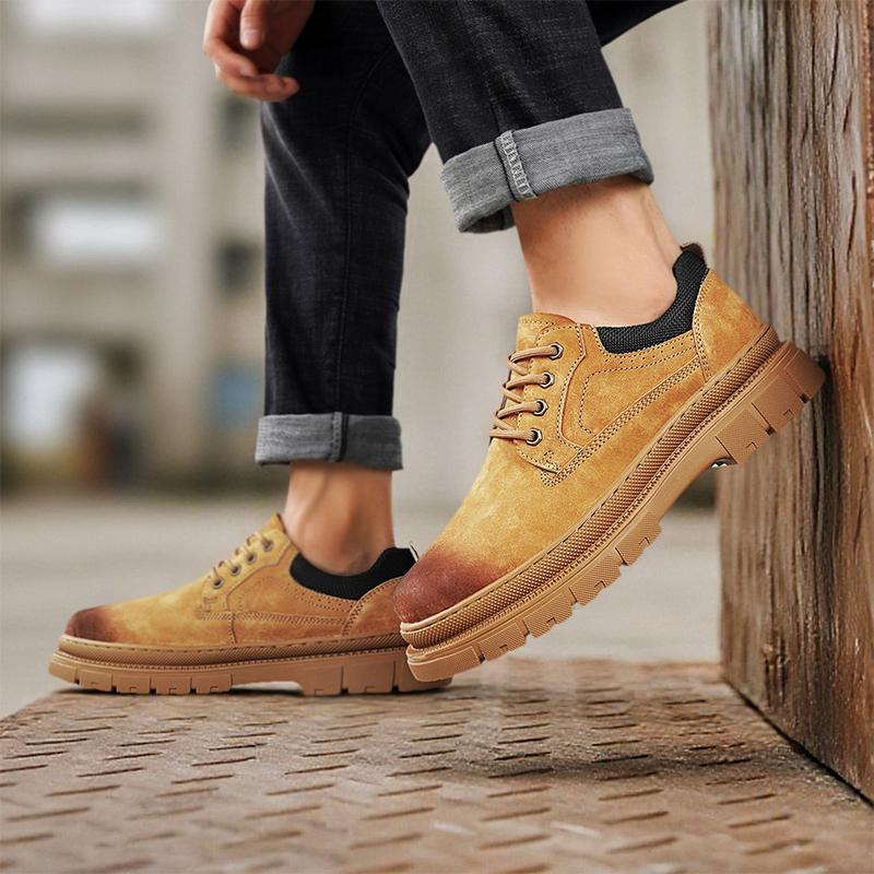 Mens Leather Casual Shoes New Retro Thick Sole Wear-resistant Comfortable Lace Up Flat Sneakers Outdoor Male Walking Shoes