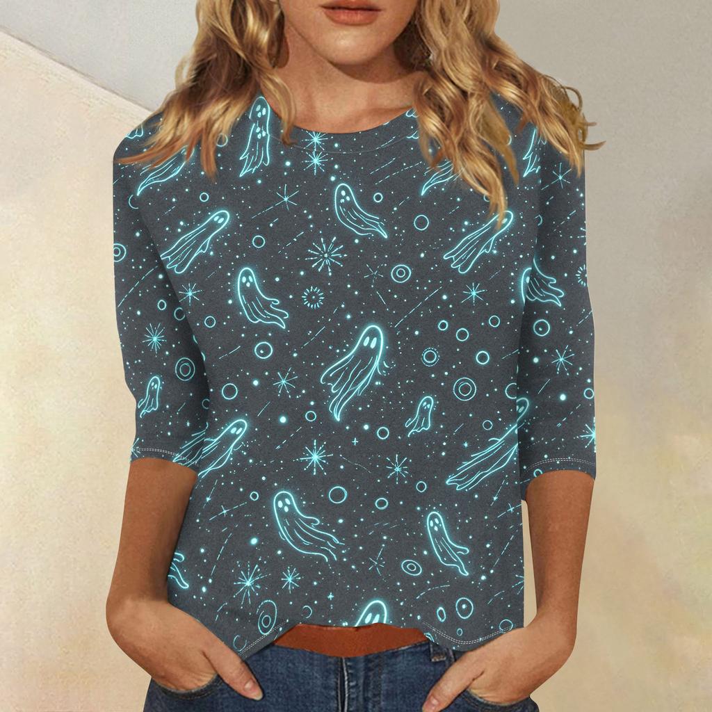 Women’s Casual Three Quarter Sleeve Halloween Print Crew Neck Top with Relaxed Fit for Seasonal Wear and Everyday Outfits