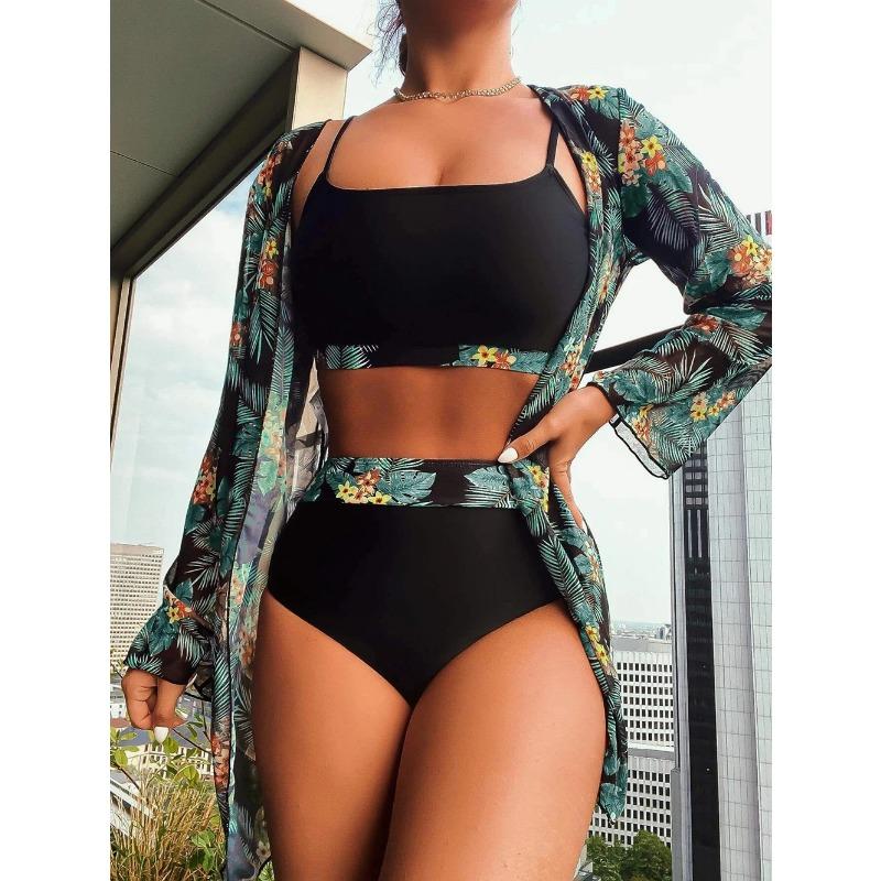 Women Bikini 3 Pieces Suit Black/Green/Red Bikini Sets with Long Sleeved Cover Ups High Quality Size Small-XXLarge