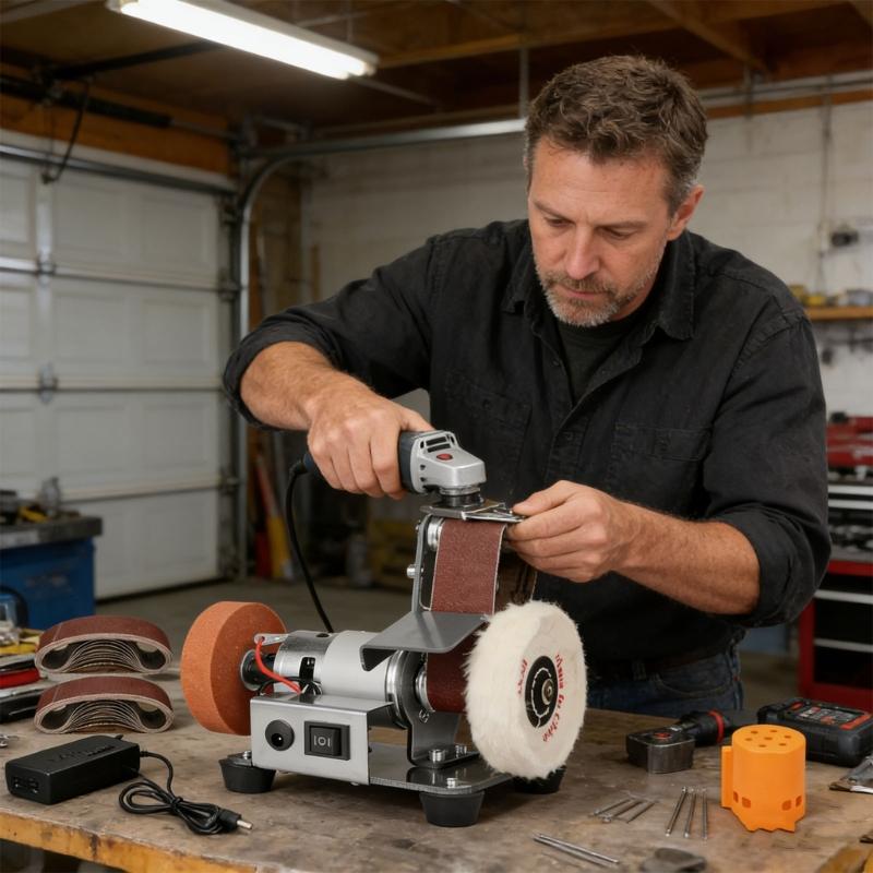 3-in-1 Mini-Bandschleifer mit 7 Geschwindigkeiten, anpassbarer Polierer und Puffer für Metall, Holz, Schmuck, DIY-Projekte, platzsparendes und praktisches Design