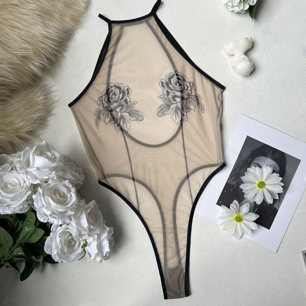 Elegant Sexy Lingerie Exotic Teddies Fantasy Rose Sheer Backless Bodysuit Tempted Honey Body Erotic Underwear Womens Clubwear