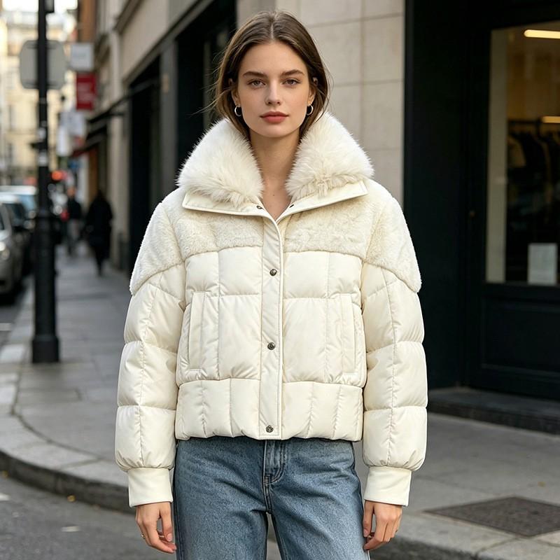 Womens Short Puffer Coat With Faux Fur Collar Loose Warm Winter Jacket In Khaki Black Beige Coffee