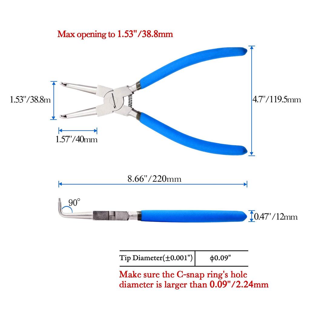 SPEEDWOX Sprengringzange für gebogene Spitzen Durchmesser Halte Werkzeuglöcher, Backen, 90°, 2,24 mm, C-Typ Ring,