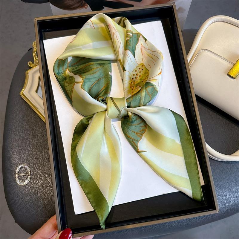 New Retro Floral Print Silk Square Scarf for Women Soft Satin Kerchief Hairband Head Hijab Female Headband Handle Bag Ribbions