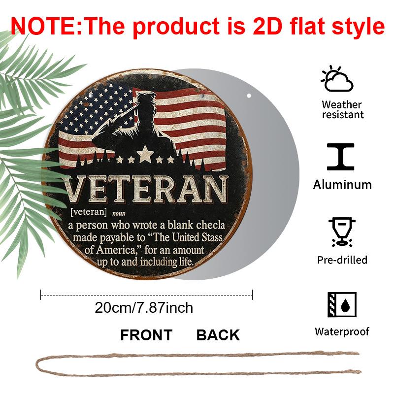 2D Flat, 1pc Round Aluminum Hanging Sign - "Veteran Definition" Patriotic Metal Wall Art, Vintage American Flag & Salute Silhouette Design, Perfect