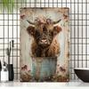 Vintage Highland Cow Floral Metal Sign Rustic Wall Art For Home Garden Outdoor Decor