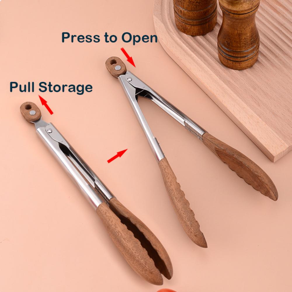 Non-Stick BBQ Grilling Tong Walnut Wood with Stainless Steel Handle Cooking Tong Durable Easy to Use Salad Bread Dessert Tong