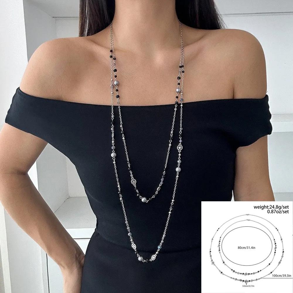 New Alloy Pentagram Star Pendant Silver Color Punk Long Chain Necklace Double Layer Y2K Style Choker