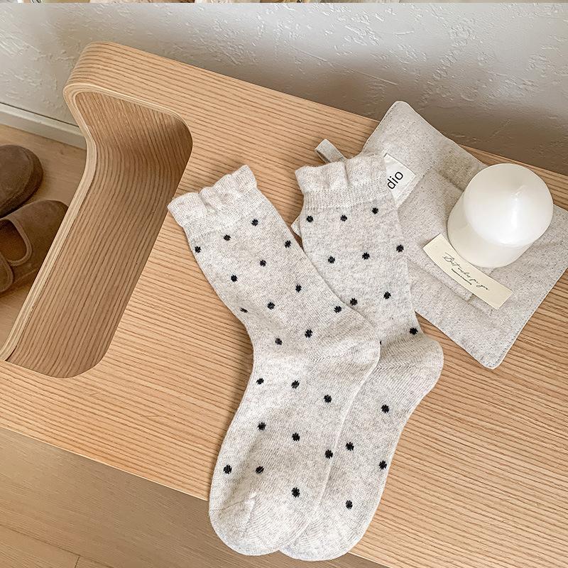 Polka Dot Wool Socks Medium Tube Socks Thickened Cashmere Thermal Stacking Socks White Versatile Double Needle Stockings