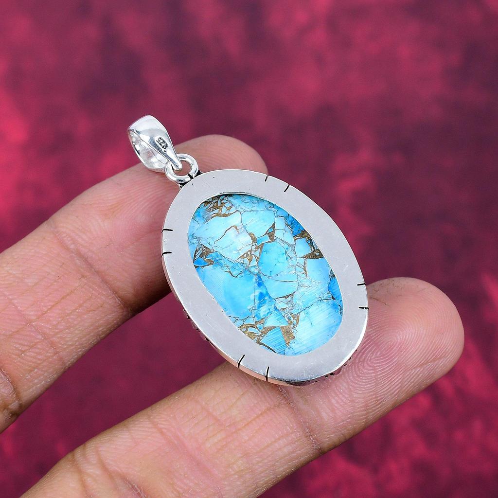 Blue Turquoise Handmade Gemstone Pendant, 925 Solid Sterling Silver Antique Jewelry Pendant, For Engagement Gift