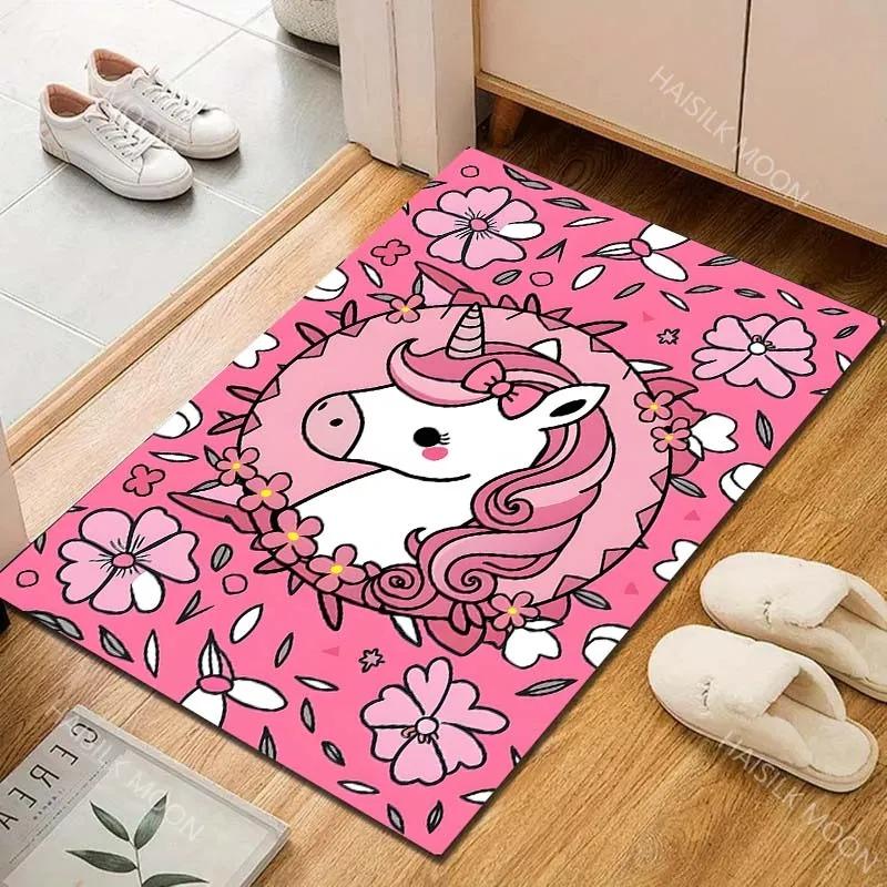Unicorn Carpet Mat Rug Home Decoration Pink Flower Girl Room Bedroom Floor Mat Non-Slip Welcome Mat Kitchen Mat Anime Rug