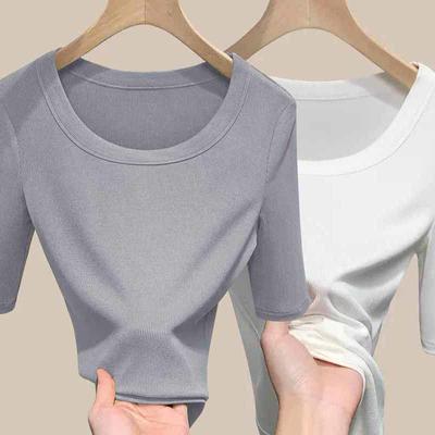 Geripptes T-Shirt mit U-Ausschnitt und Elastizität für Damen im Frühlings- und Sommerstil