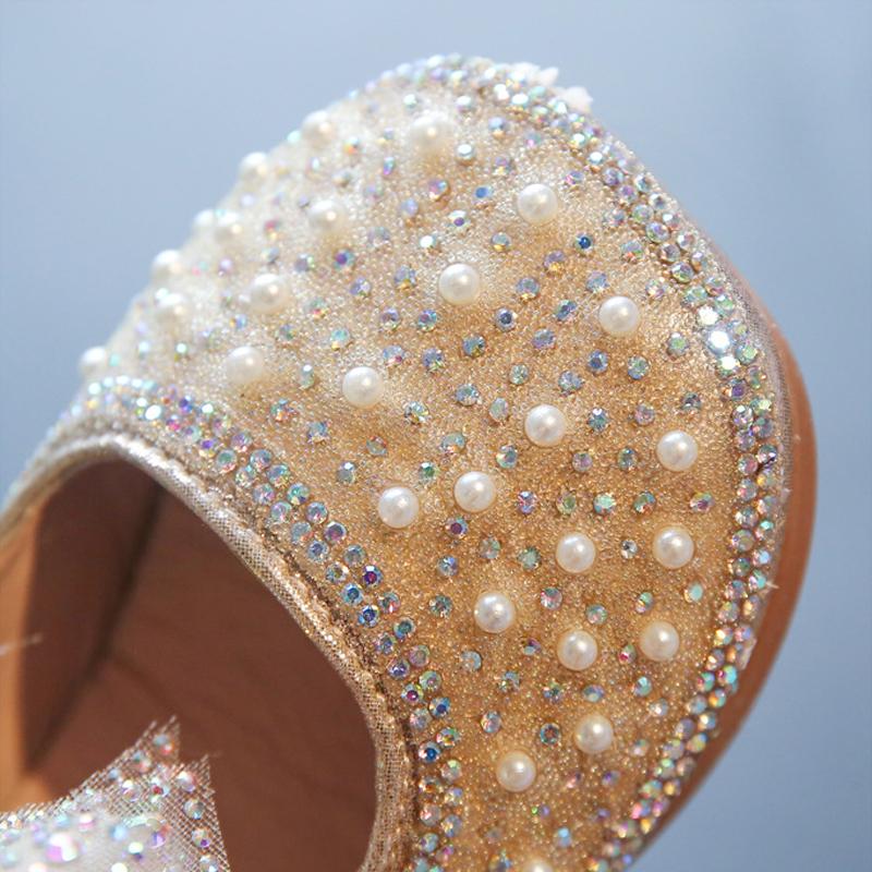 Princess Girls Flat Dress Shoes Pearl Beading Shining Bling Bling Shoes Baby Soft Lightweight Spring Single Casual Moccasins