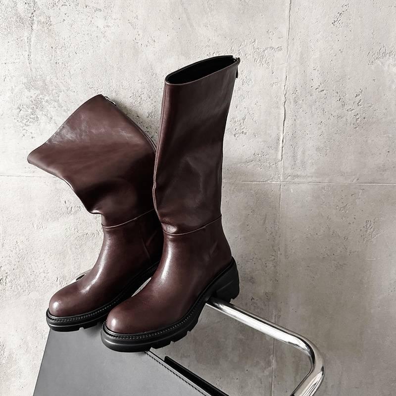 Autumn and Winter Medium Heel Large Size Knight Boots Women's Solid Color Sleeve Large Tube Circumference Women's Boots Thick-soled Versatile Cowhide