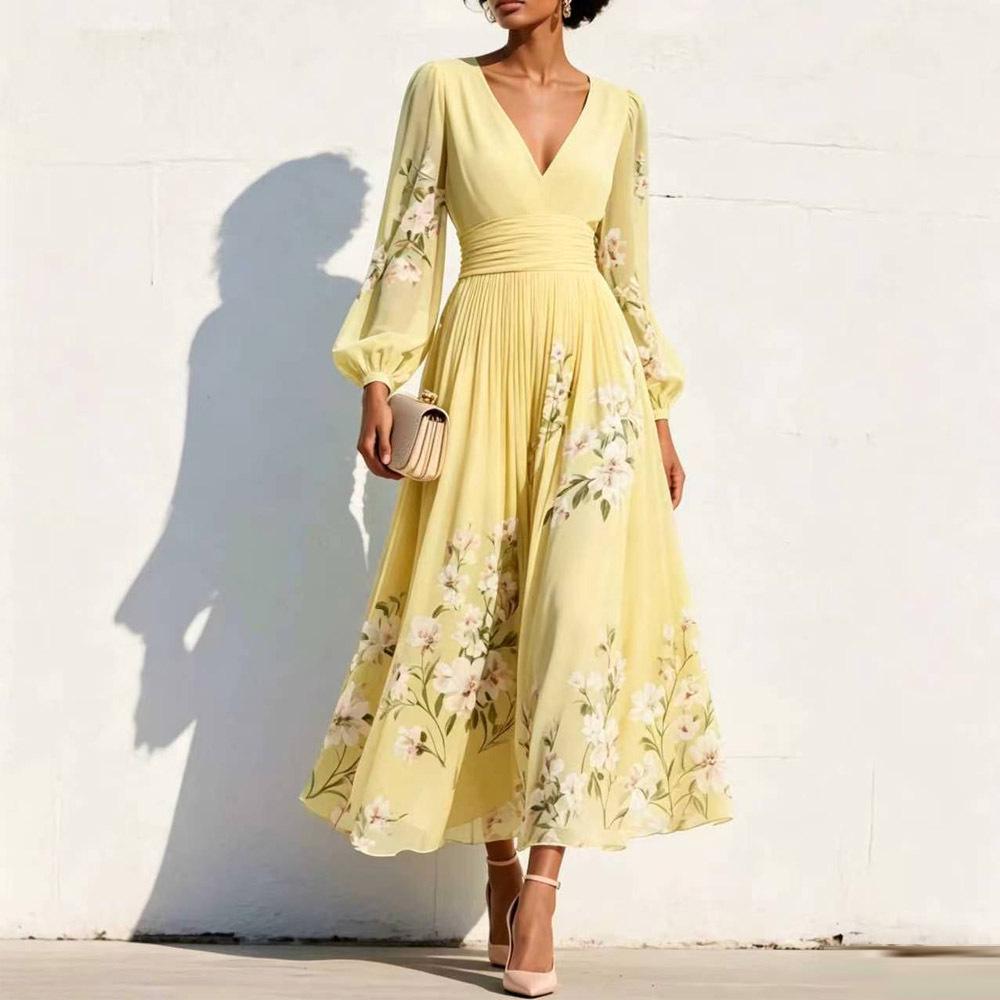 Women's V-Neck Floral Long Sleeve Pleated Dress 2026