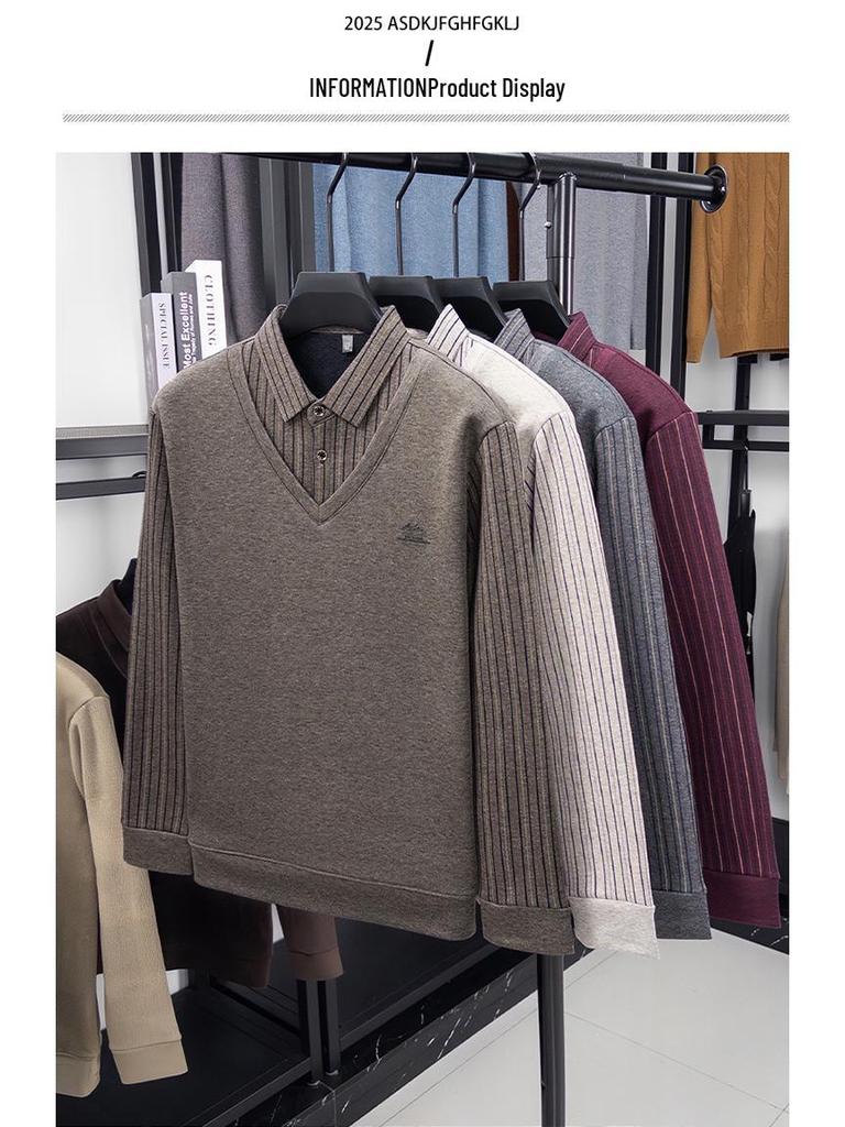 Men's Winter Striped Knitted Sweater - Faux Two-Piece with Turn-Down Collar, Fleece Lined