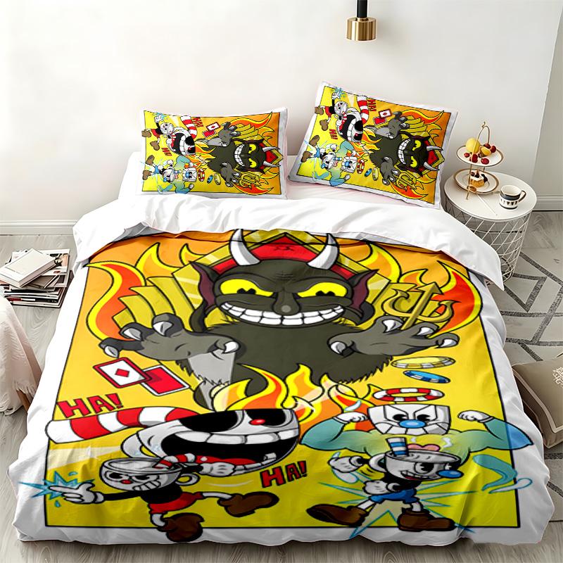 Zestaw 3-częściowy Cuphead Idealny do sypialni Wygodny zestaw pościeli zawiera poszewkę na kołdrę i dwie poszewki na poduszki Idealny prezent urodzinowy lub świąteczny