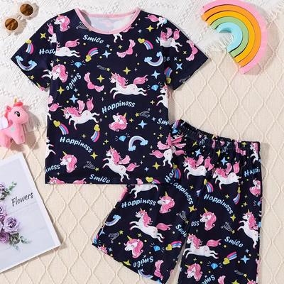 Girls 2-piece Pajama Set Cartoon Unicorn Print Kids Suits Crew Neck Short Sleeve T-shirt Matching Shorts Comfy Loungewear