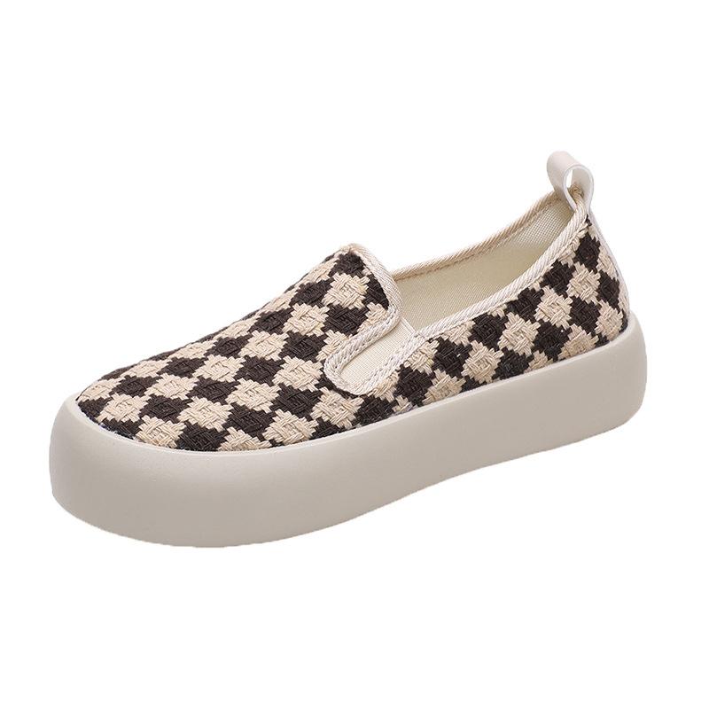 Vintage Platform Canvas Shoes Women's Plaid Woven Single Shoes Lazy Muffin