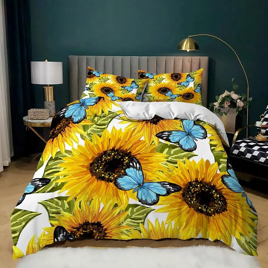 Sunflower Cow Bedding Set Kids Yellow Floral Cattle Duvet Cover King/Queen Size for Girls Teens,Western Bull Decor Quilt Cover