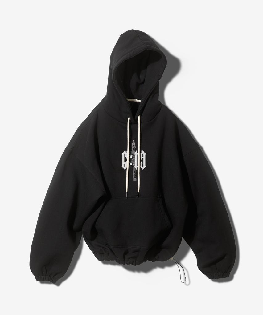 6:19 String Mid Length Hoodie - Black
