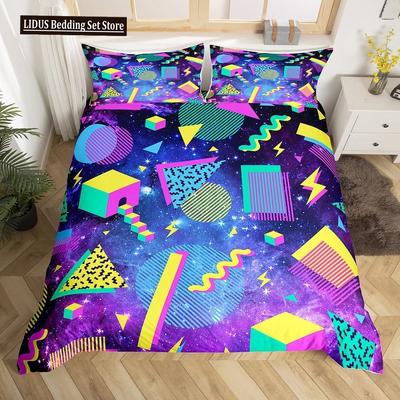 Retro Memphis Stil Bettbezug Set Galaxy Mode Stil Geometrische Formen Bettwäsche Set Full, Hipster Altmodischer Bettdeckenbezug
