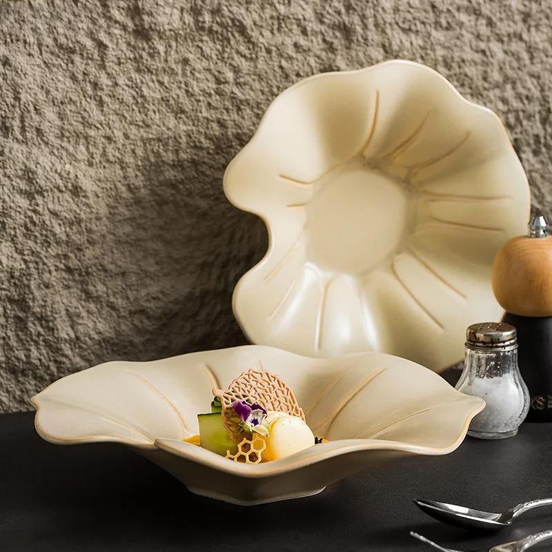 Lotus Dish Dishes Plate Dinnerware Ceramic French Tableware Wedding Table Decor Dessert Fruit Salad Bowl Pasta Steak Sushi Plate