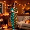 Women's Halloween Print Scrub Set V-Neck Short Sleeve Top with Pocket and Pants 2-Piece Uniform