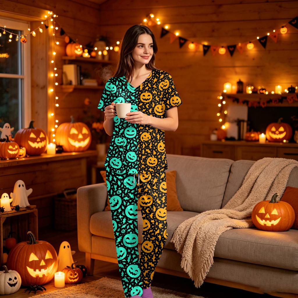 Women's Halloween Print Scrub Set V-Neck Short Sleeve Top with Pocket and Pants 2-Piece Uniform