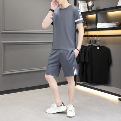 Summer Sports Suit For Men Solid Color Ice Silk Casual Loose Round Neck Short Sleeve Men's Sports Two-piece Summer Thin Suit