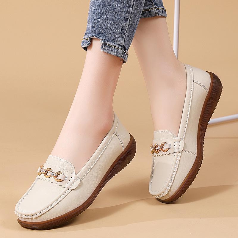 2023 Spring/Autumn Women's Casual Leather Slip-On Shoes with Metal Buckle - Soft Sole, Large Size, Comfort for Moms