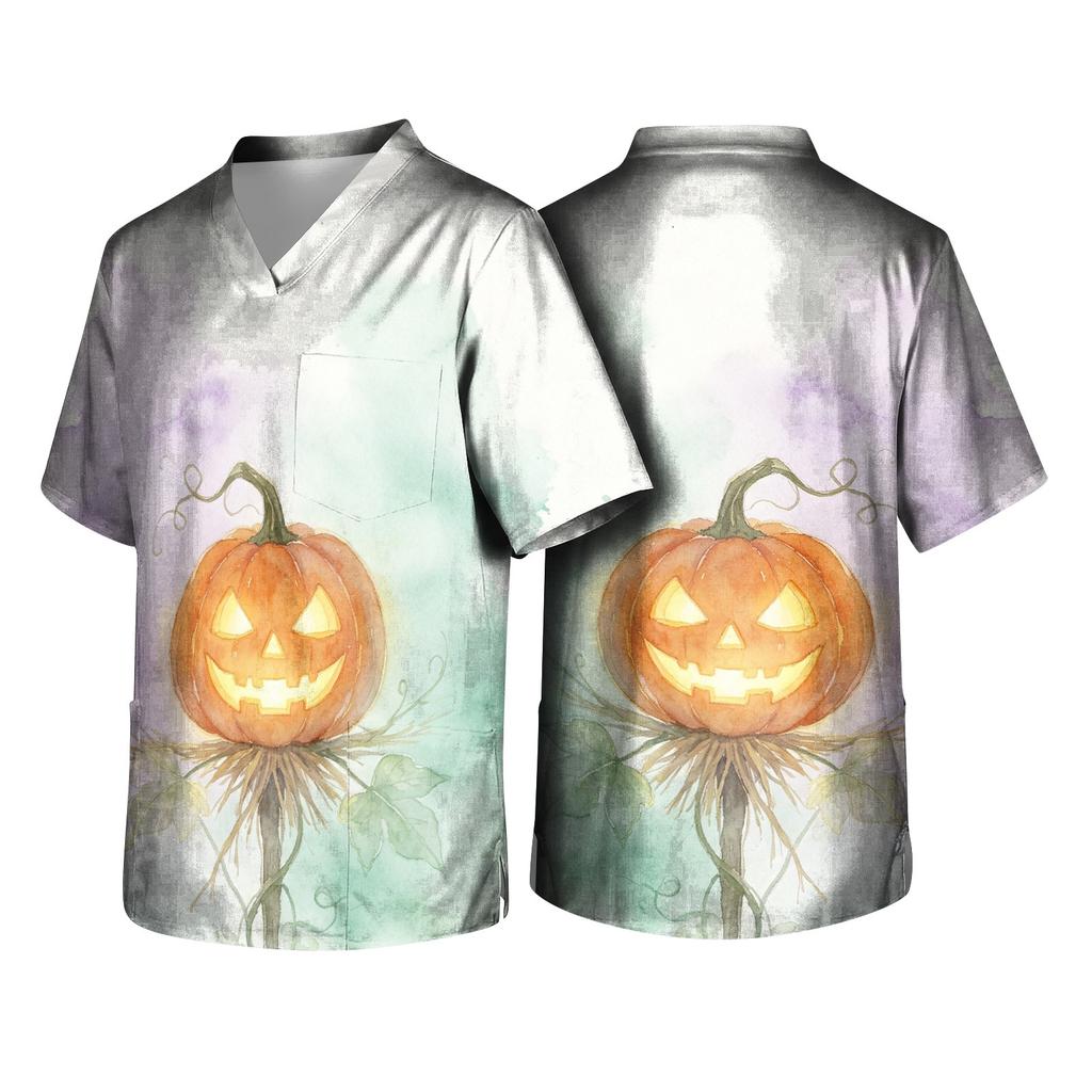 Men's Halloween Printed V-Neck Scrub Top Short Sleeve with Pockets for Work Uniform