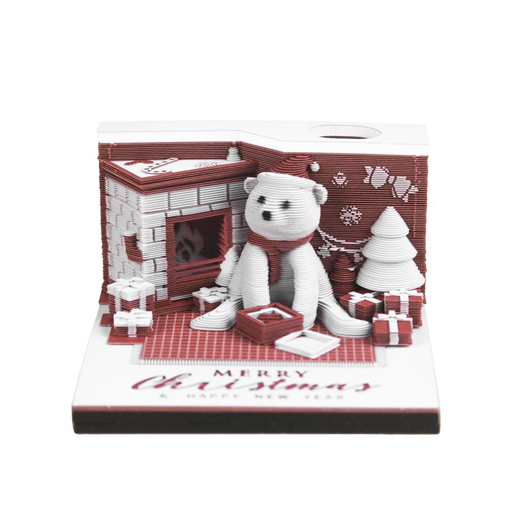 3D Pop-Up Christmas Bear Paper Sculpture Calendar & Sticky Notes - Desktop Ornament & Souvenir