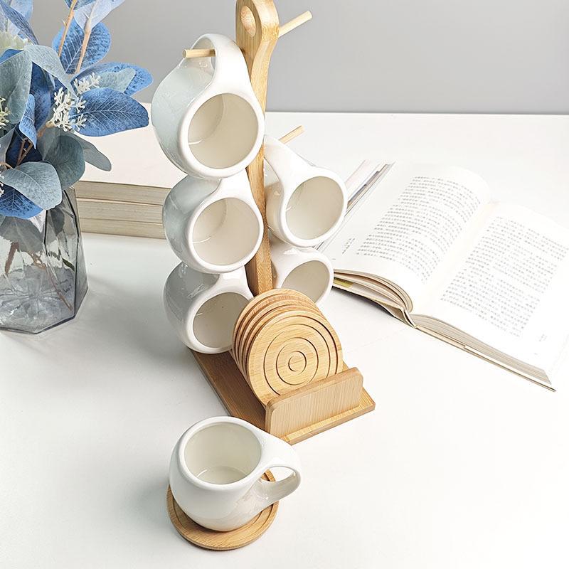 Nordic Style Ceramic Coffee Mug Set with Natural Bamboo Tree Cup Holder and Non-slip Coasters Stylish Kitchen Organizer for Tea and Coffee Home Decor