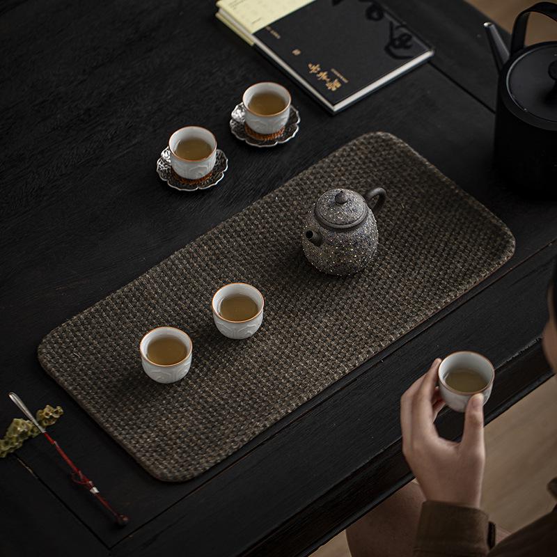 Miaozhu Xuan Retro Dwukolorowy Żakardowy Lniany Mata do Herbaty - Ręcznie Robiony Bieżnik Malowany Roślinnie do Chińskiego Wystroju Herbacianego