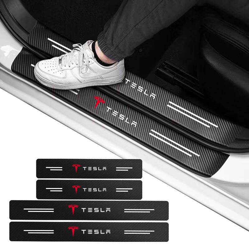 Mghxj4 4pcs Carbon Fiber Car Door Sill Threshold Anti Scratch Protective Stickers Decals For Tesla 2018-2025 Model X S 3 Y Accessories