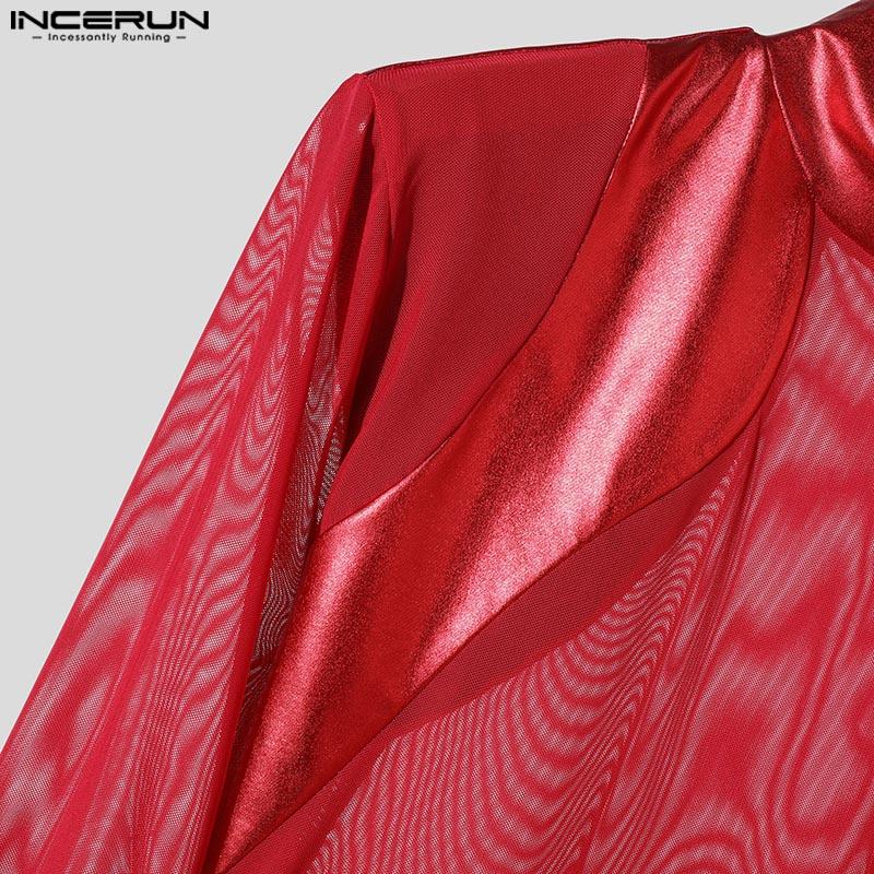 INCERUN Men Long Sleeve Glitter Patchwork Mesh Sheer See Through Leotard Jumpsuits