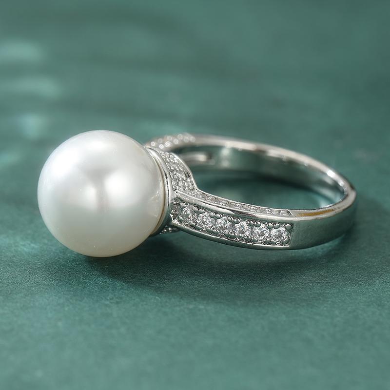 Aesthetic Inlaid White CZ Imitation Pearl Women's Ring Sparkling CopperColor Geometry Daily Wear Party Jewelry Anniversary Gift